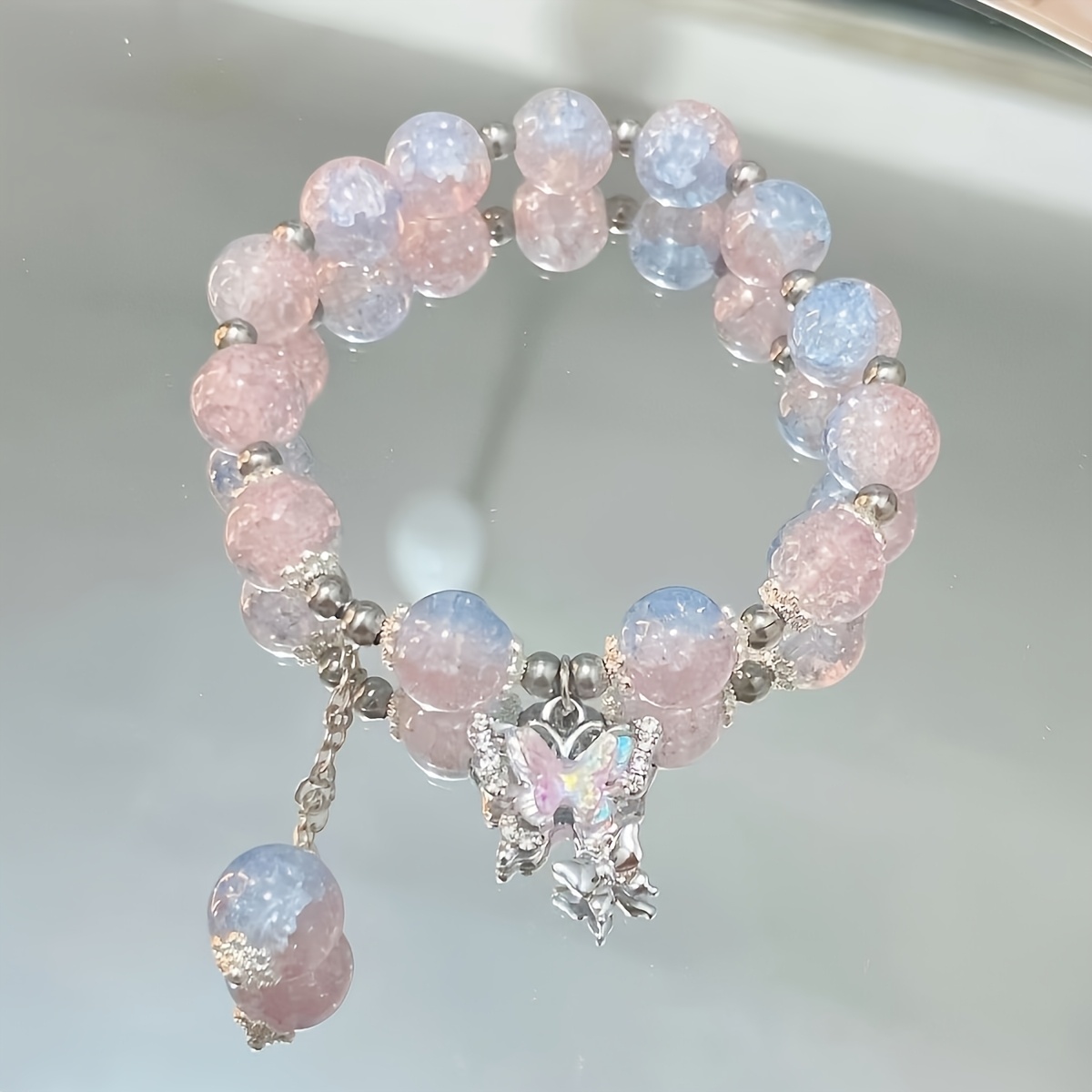 Boho Glass Bead Bracelet with Butterfly Pendant - Multicolor Selection